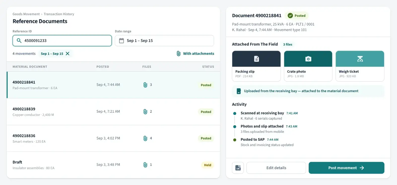 Transaction history — document numbers, receipt dates, invoicing status