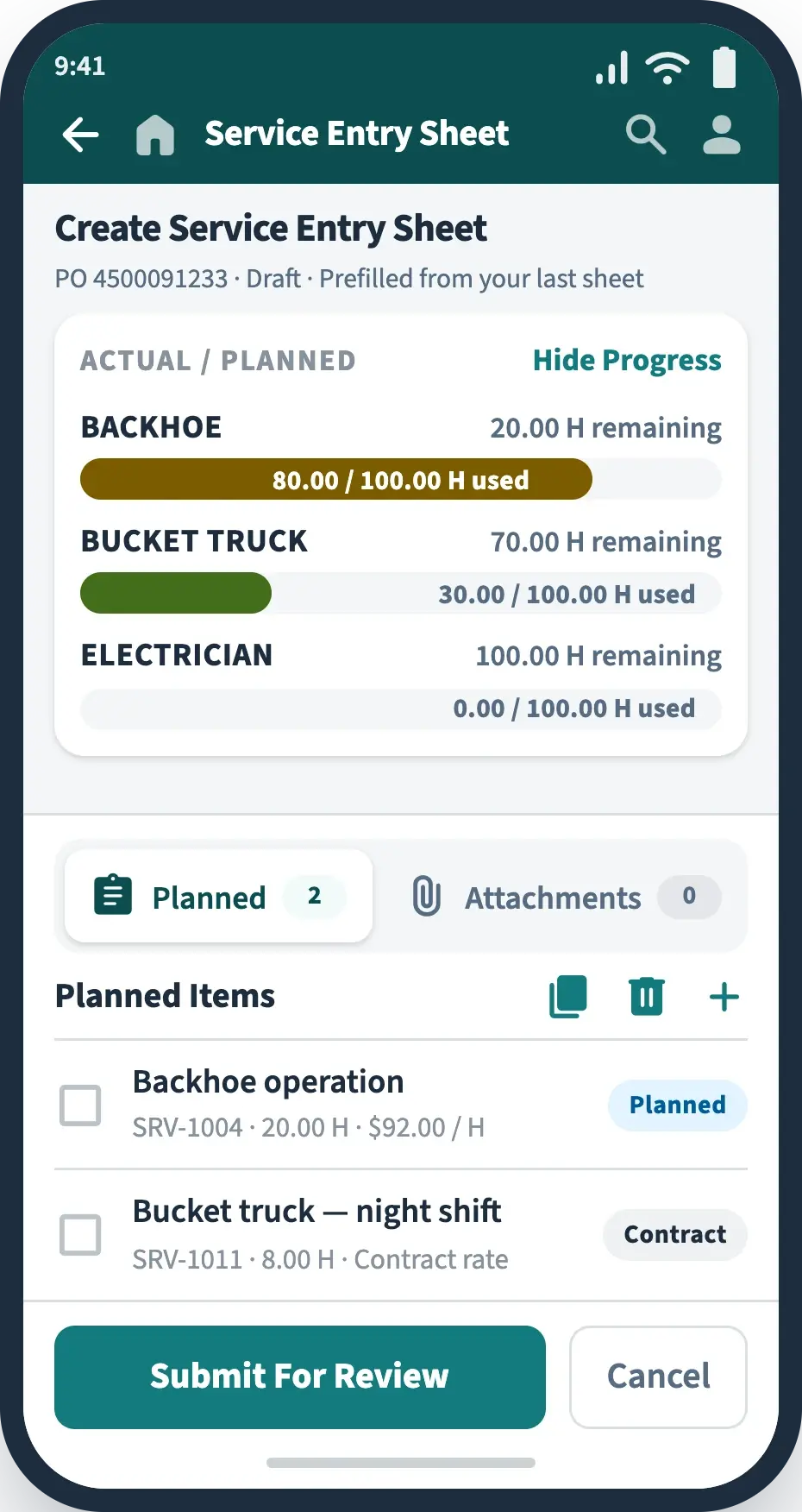 Rio service entry sheet on mobile, prefilled from the last sheet